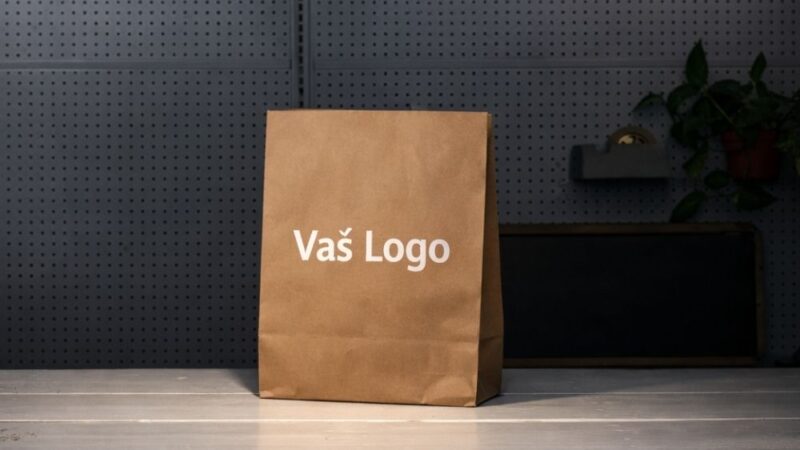 Papirna kesa sa natpisom Vas logo na stolu u tamnijem enterijeru